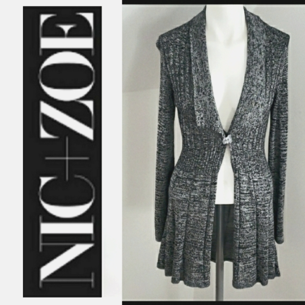 NIC + ZOE Marled Black & White Ribbe Long Open Front Cardigan Sweater Duster, S